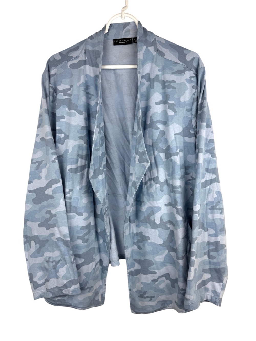 Susan Graver Weekend Blue Camo Open Front Cardigan Jacket Plus Size 2X Pockets